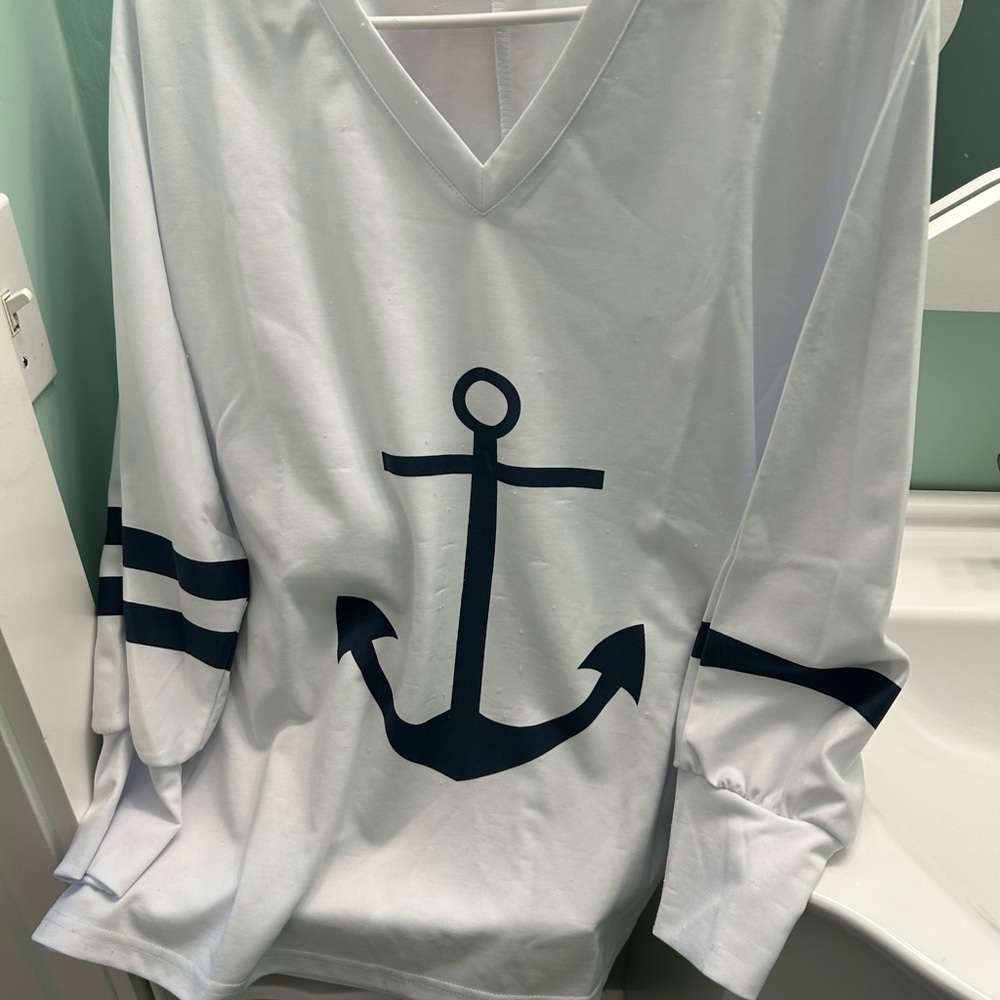 White and Navy Anchor Print Top